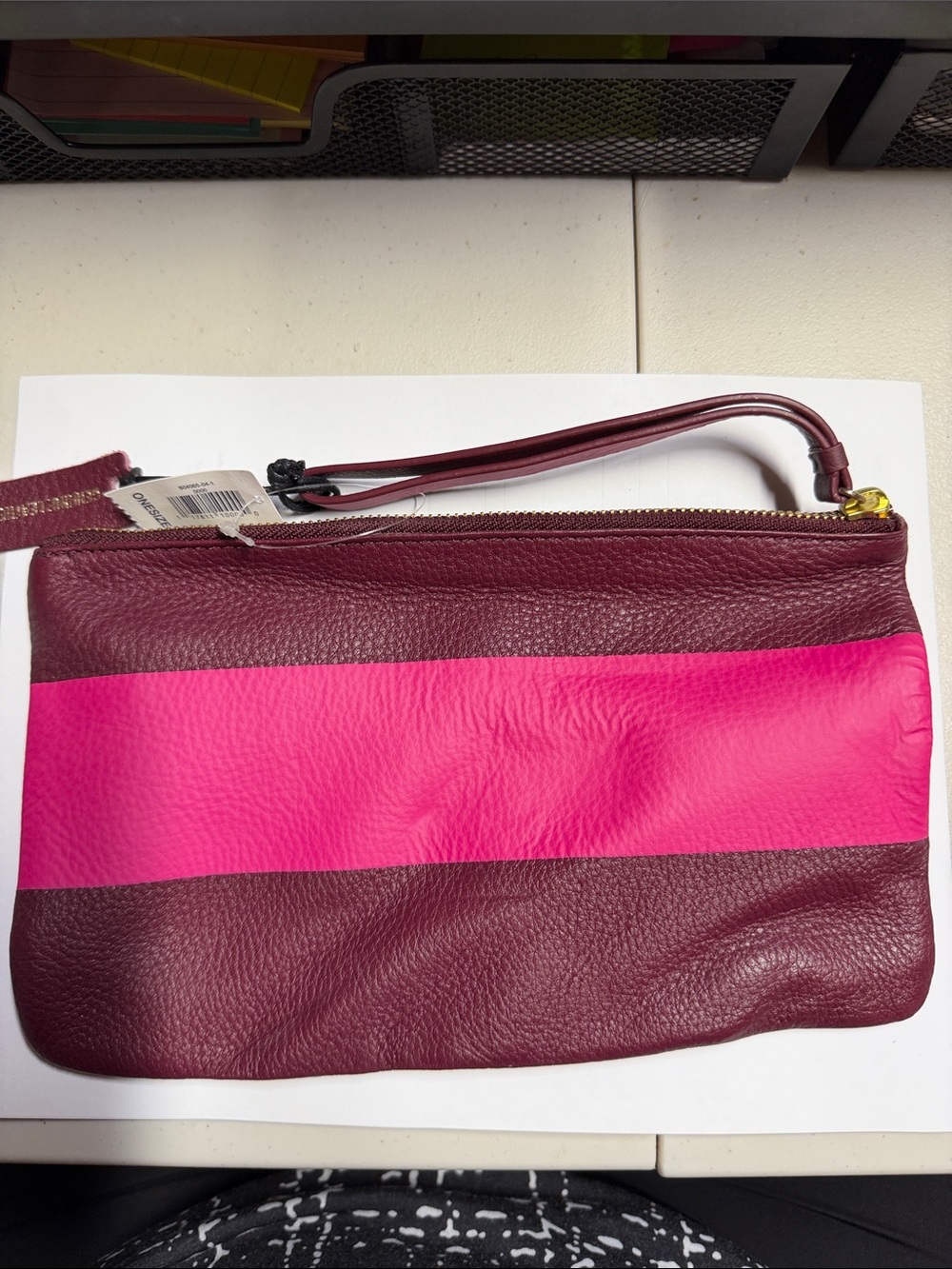 GAP Burgundy and Hot Pink Striped Leather Wristlet Clutch